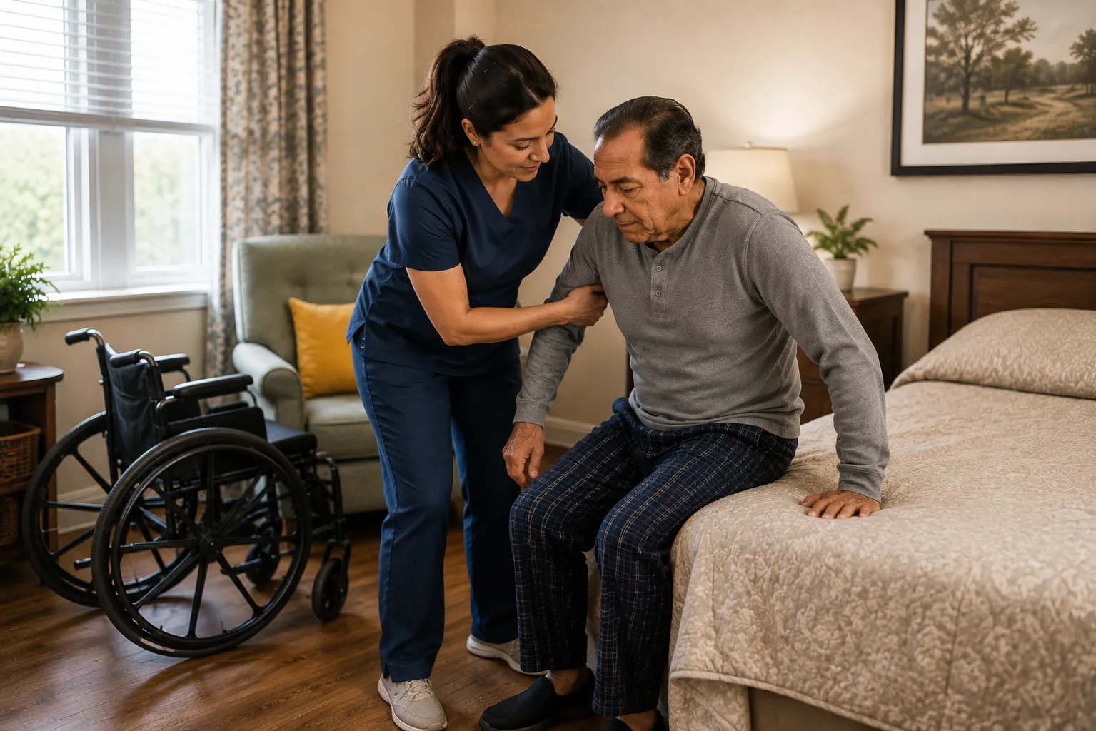 Trained caregiver assisting senior with safe wheelchair transfer in assisted living